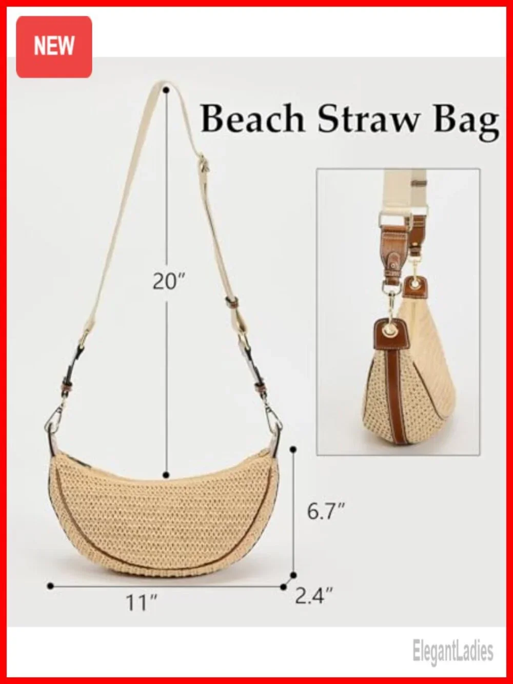 Straw Crossbody Hobo Bag with Adjustable Strap Beach Summer Crescent Purse